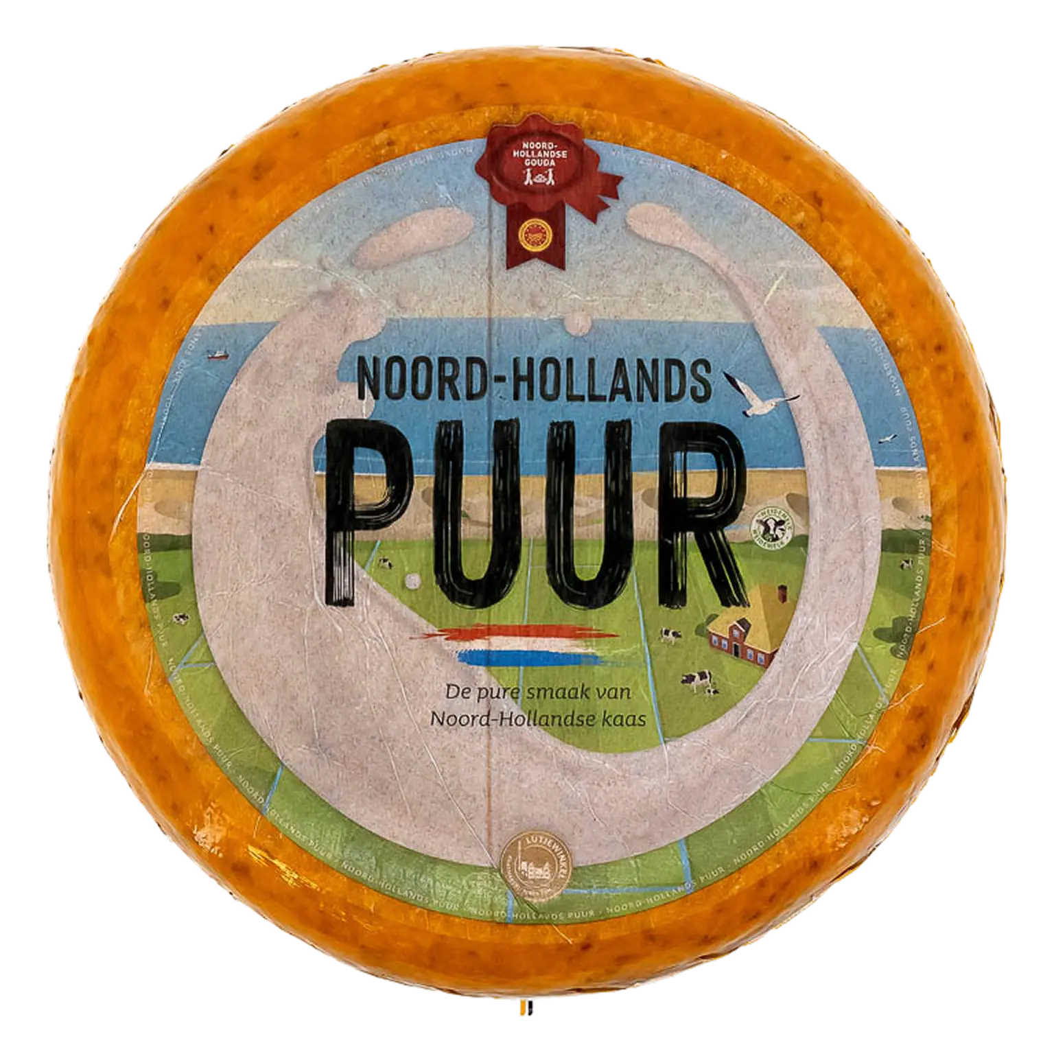 Hele kaas Noord-Hollands komijn oud met gekleurd etiket