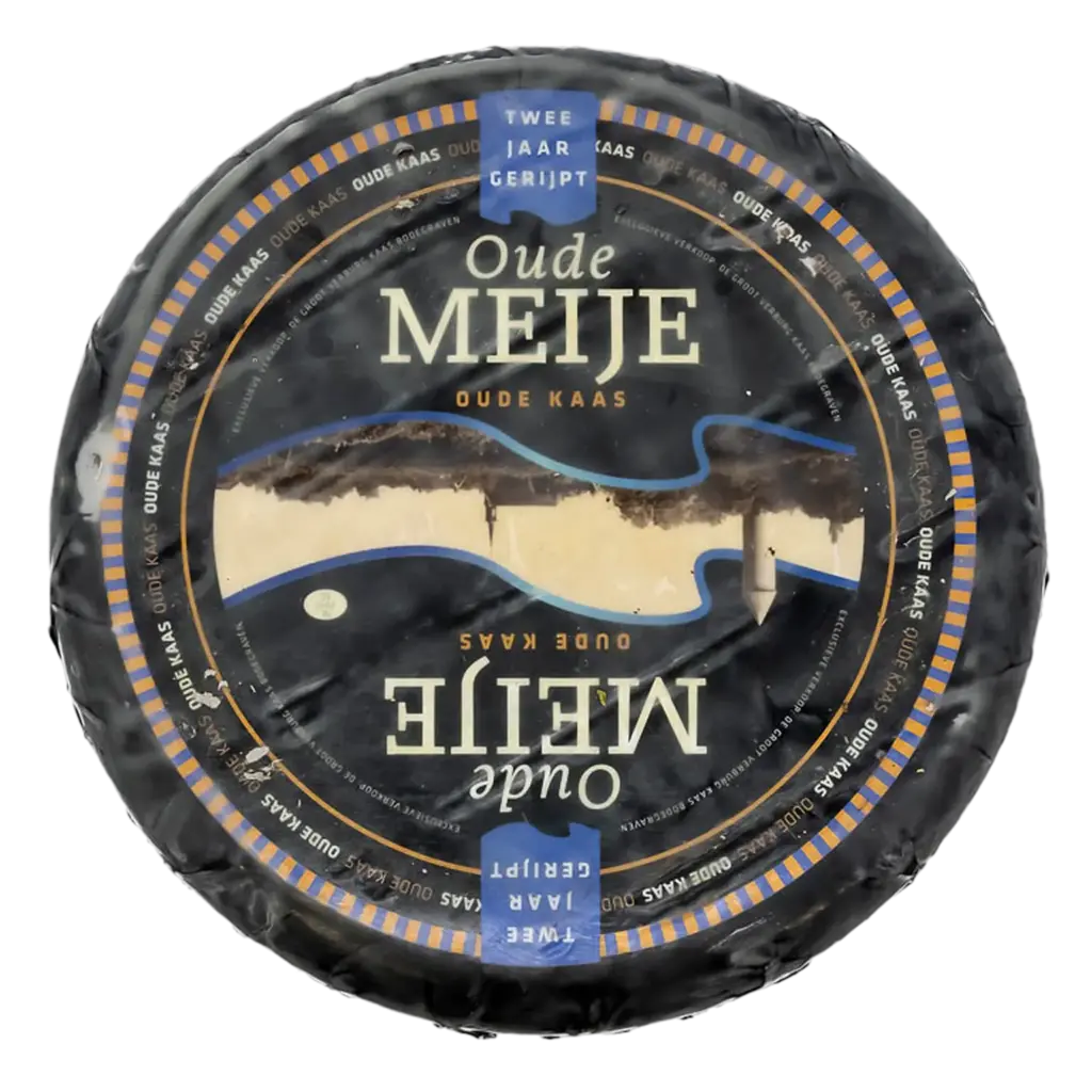 Hele kaas Zuid-Hollandse kaas Oude Meije met gekleurd etiket