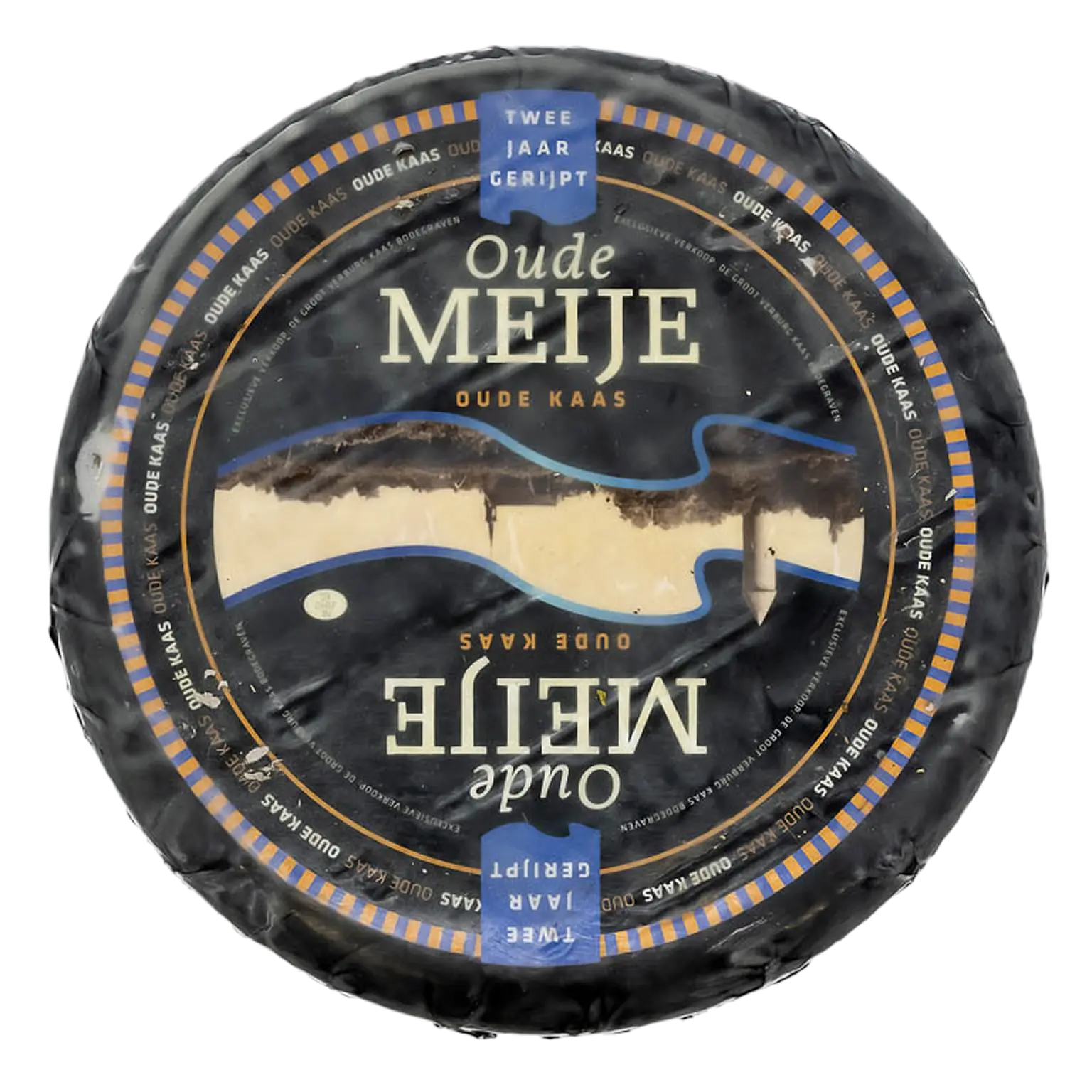 Hele kaas Zuid-Hollandse kaas Oude Meije met gekleurd etiket